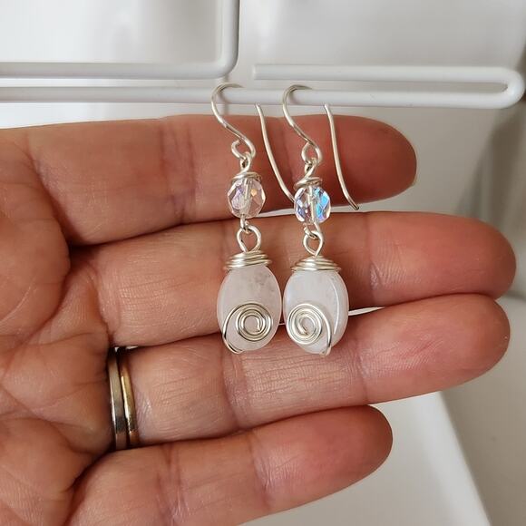 White Amazonite Dangle Earrings / Silver Wire Wrapped Amazonite Drop Earrings - Picture 3 of 12